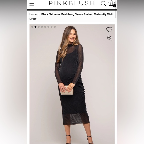 Pinkblush - Black Shimmer Mesh Long Sleeve Ruched Maternity Midi Dress - Picture 1 of 6